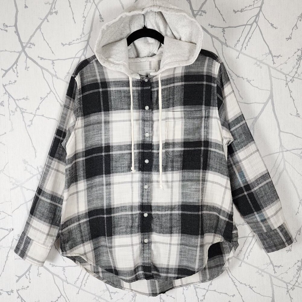 American Eagle Cotton Blend Button Front Hooded Flannel Shirt